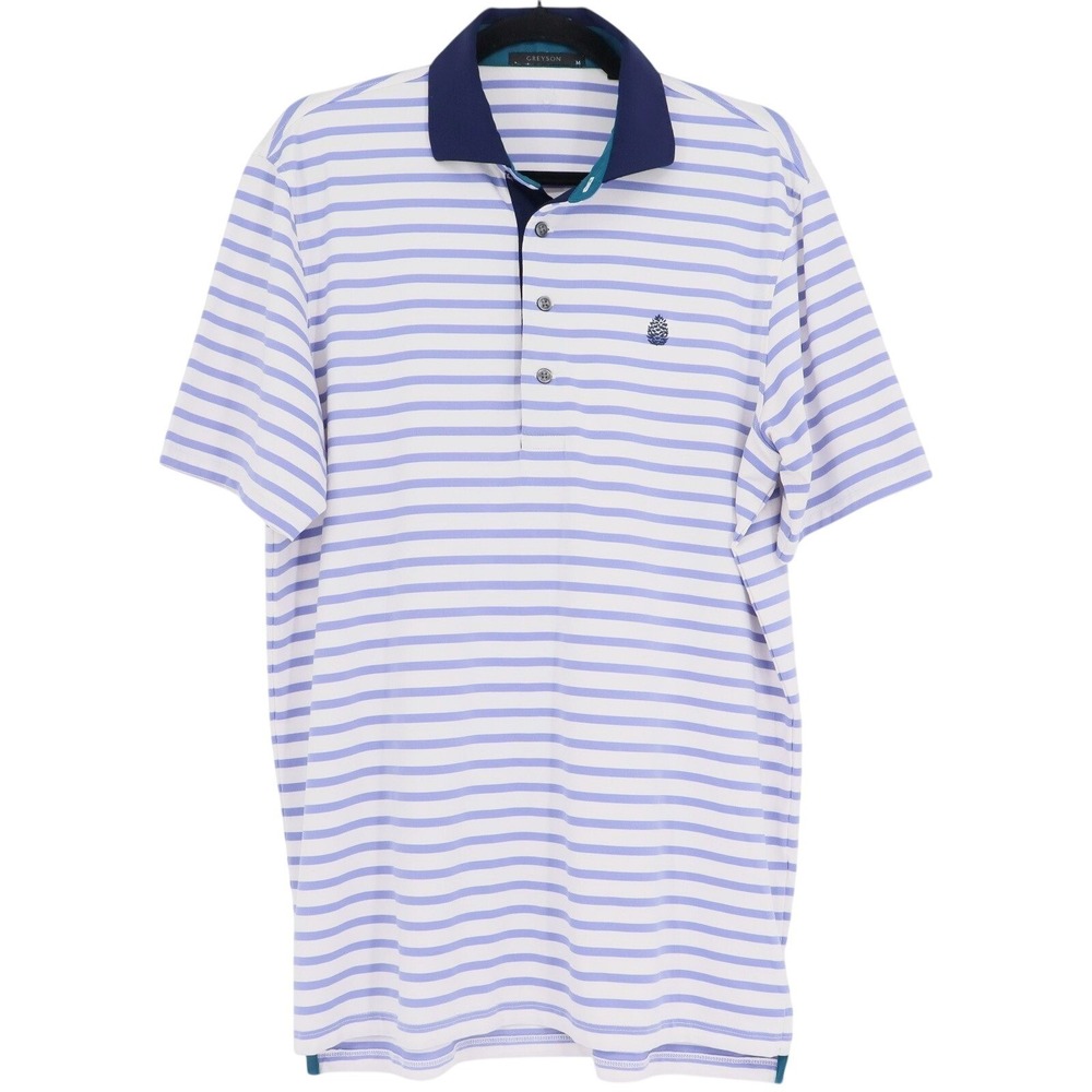 Greyson Mens Striped Performance Golf Polo Shirt White Blue Size M Casual Preppy